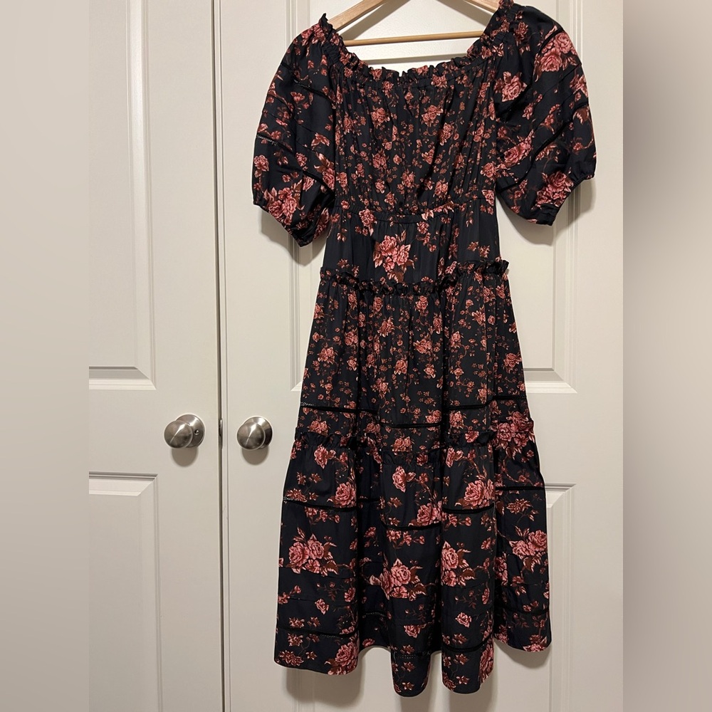 NWOT Marchesa Notte Black and Red Over the Shoulder Floral Dress